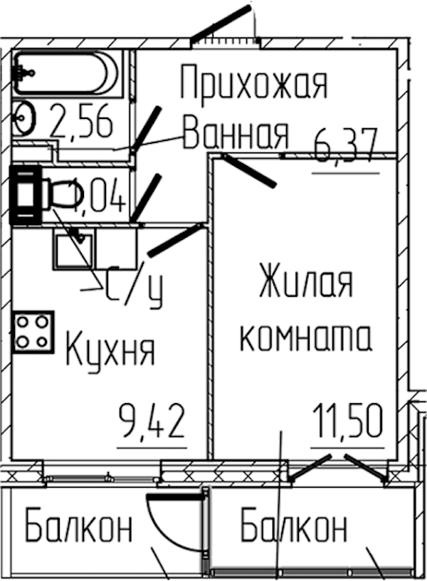 1-комнатная квартира 32.91 м², 5/6 эт., ЖК «SERTOLOVO PARK»